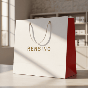 Sacchetto di carta bianco e rosso con manici in corda, adatto per confezioni regalo o al dettaglio, personalizzabile con logo