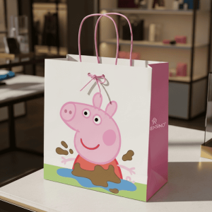 ピンクのペッパピッグテーマのハンドル付きギフトバッグ、子供のギフトや小売ディスプレイに適しています