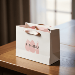Sac-cadeau en papier blanc avec logo rose et poignée, adapté pour le commerce de détail et l'emballage cadeau