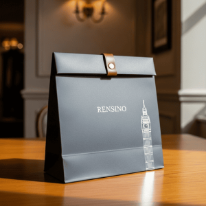 Sacchetto regalo in carta grigia con chiusura a pieghe e stampa di monumenti di Londra, adatto per il retail o il confezionamento regalo