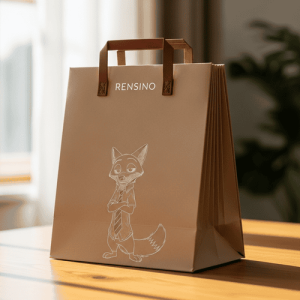 Sacola de Compras de Papel Kraft com Ilustração de Raposa de Desenho Animado, Personalizável para Uso em Varejo e Presente