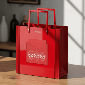 Bolsa de compras de papel roja con patrón de máscara, diseño personalizado disponible