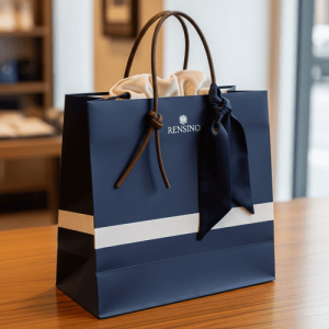 Bolsa de papel azul marino con asa de cinta y logo, adecuada para uso comercial y de regalo