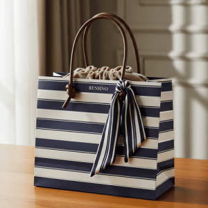 Bolsa de regalo a rayas en azul marino y blanco con asa de cinta, diseño personalizado disponible