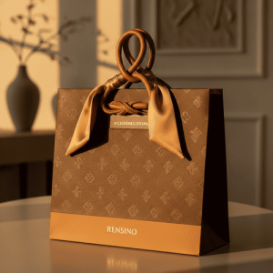 Brown Paper Gift Bag with Ribbon Handle, Elegant Design for Retail and Gift Use