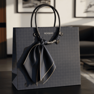 Borsa Regalo di Carta Blu Scuro con Manico in Scarf di Seta, Design Personalizzato Disponibile