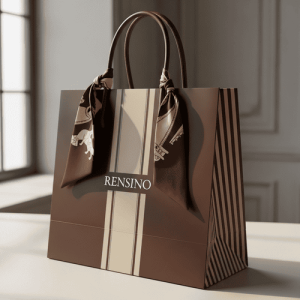 Brown Paper Shopping Bag with Ribbon Handles, Elegant and Durable for Retail and Gift Use