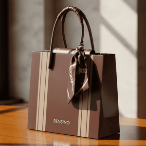 Brown Paper Gift Bag with Ribbon Handle, Elegant Design, Suitable for Retail and Gift Packaging