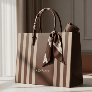 Brown Paper Gift Bag with Ribbon Handle, Elegant Design, Suitable for Retail and Gift Packaging
