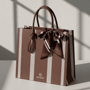 Brown Paper Gift Bag with Ribbon Handle, Elegant Design, Suitable for Retail and Gift Packaging