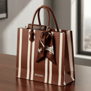 Brown Striped Paper Gift Bag with Ribbon Handle, Suitable for Retail and Gift Packaging