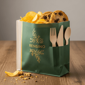Sacola de Papel Verde com Ilustração de Talheres, Adequada para Embalagem de Alimentos e Uso no Varejo