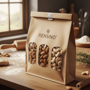 Sacola de Papel Kraft com Janelas Transparentes e Logotipo Rensino, Adequada para Embalagem de Lanches ou Presentes