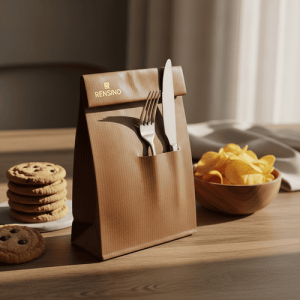 Kraftpapier-Geschenktüte mit Bestecktasche, umweltfreundlich und anpassbar für Einzelhandel und Geschenkverwendung