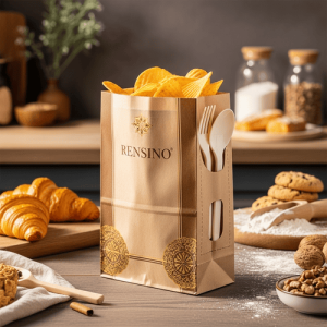 Beiger Papierbeutel mit Besteckhalter, Geeignet für Lebensmittelverpackung und Einzelhandelspräsentation, Anpassbares Design