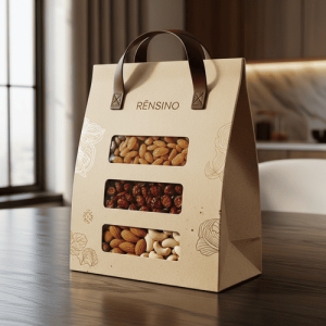 Kraftpapiergeschenktüte mit Fenster und Griff, geeignet für Lebensmittelverpackungen, individuelle Designs verfügbar