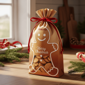 Brauner Papiergeschenkbeutel mit Lebkuchenmann-Design, Anpassbar für Feiertagsverpackung