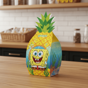 Caixa de papel colorida em forma de abacaxi com padrão do SpongeBob, design personalizado disponível