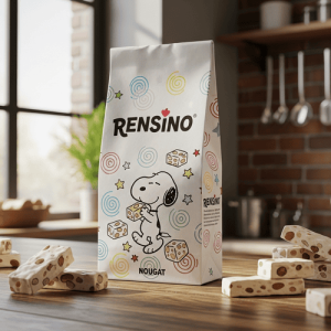 Sacchetto di carta bianco con motivo Snoopy e nougat, design personalizzato disponibile