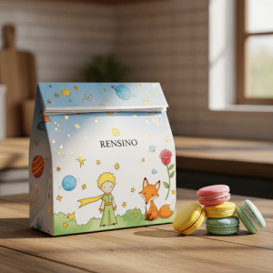 Caixa de presente de papel colorida com ilustração de astronauta e raposa, design personalizado disponível