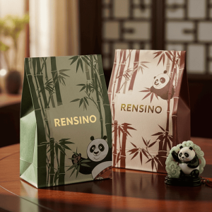 Sacolas de Papel para Presentes Verdes e Marrons com Padrão de Panda e Bambu, Design Personalizado Disponível