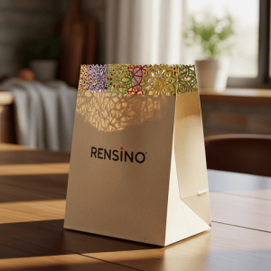 White Paper Bag with Colorful Geometric Pattern, Suitable for Gift or Retail Packaging