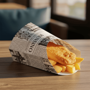 Cono di carta per alimenti in stile giornale per asporto o esposizione, stampa personalizzata disponibile