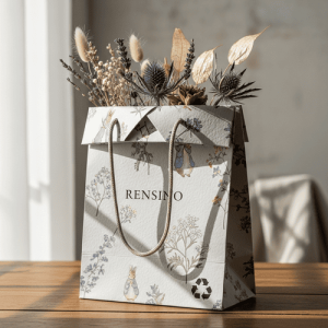 White Gift Bag with Elegant Rabbit and Floral Pattern, Suitable for Retail and Gift Packaging