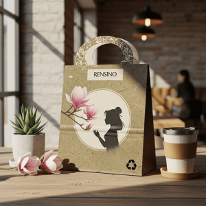 Sacchetto regalo in carta kraft con silhouette floreale e manico, design personalizzato disponibile