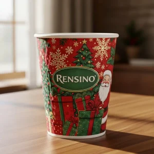 Tasse en papier rouge avec motif de Noël, adaptée pour un emballage cadeau ou de vente au détail, design personnalisé disponible