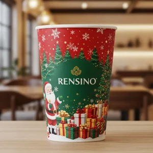 Gobelet en papier rouge avec motif de Noël Santa et boîte cadeau, adapté pour l'emballage des fêtes, impression personnalisée disponible