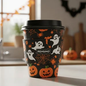 Copo de Papel Preto com Padrão de Fantasma e Abóbora de Halloween, Adequado para Embalagem de Presente ou Varejo