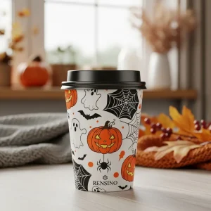 Tazza di carta bianca con motivo di zucca di Halloween e ragno, adatta per imballaggio regalo o al dettaglio