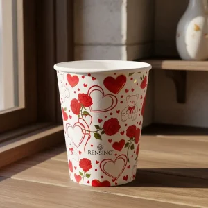 Tazza di carta bianca con motivo di cuore rosso e rosa, adatta per esposizione regalo o al dettaglio, stampa personalizzabile