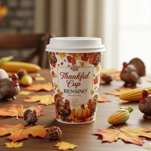Tazza di carta bianca con motivo del Ringraziamento, adatta per bevande calde, design personalizzato disponibile