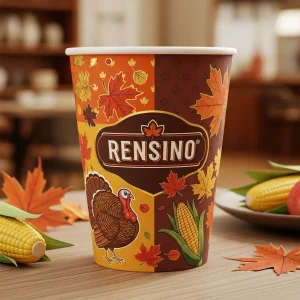 Vaso de papel colorido con patrón de hoja de arce, adecuado para embalaje de alimentos y bebidas, diseño personalizado disponible