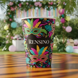 Vaso de papel colorido con patrón de máscara y plumas, adecuado para empaques de regalo o venta al por menor, diseño personalizado disponible