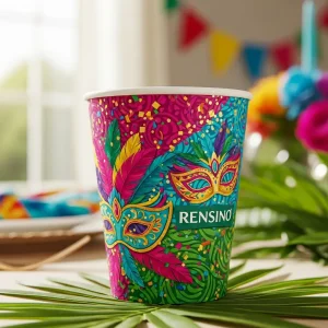 Vaso de papel colorido con patrón de máscara, adecuado para uso en fiestas o eventos, impresión personalizada disponible