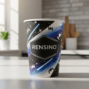 Tazza di Carta Bianca con Motivo Spazio e Stelle, Adatta per Imballaggio di Bevande e Regali, Personalizzabile con Logo