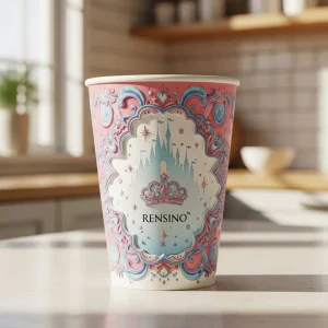 Pink Paper Cup with Castle and Crown Pattern, Suitable for Gift or Retail Packaging, Custom Design Available