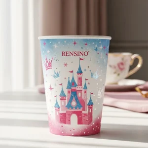 Gobelet en papier coloré avec motif de château et de couronne, adapté pour un emballage cadeau ou de vente au détail, personnalisation directe d'usine