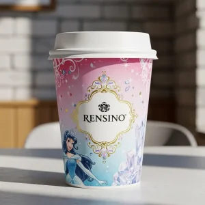 Gobelet en papier rose avec design élégant, adapté à l'emballage de boissons, personnalisable avec logo