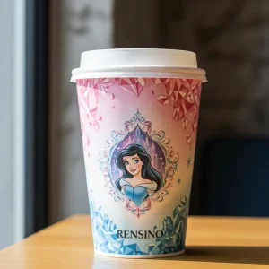 Gobelet en papier rose avec illustration de princesse, adapté pour l'emballage de boissons, design personnalisé disponible