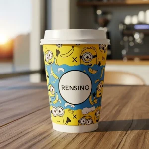 Vaso de papel colorido con patrón de Minions, adecuado para empaques de bebidas, diseño personalizado disponible