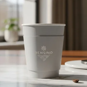 Tazza di carta bianca con logo RENSINO, adatta per caffè e bevande, design personalizzabile
