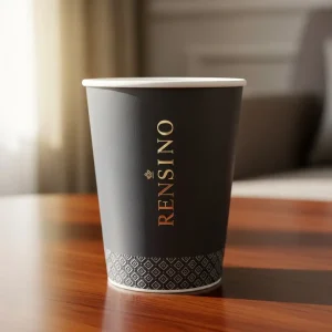Copo de Papel Preto com Logotipo Dourado e Padrão Geométrico, Adequado para Embalagem de Bebidas e Varejo