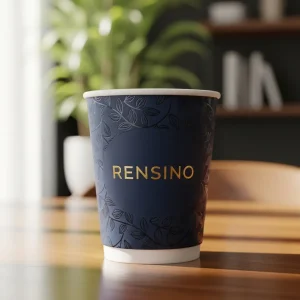Tazza di carta blu navy con motivo a foglia, adatta per bevande o imballaggio regalo, design personalizzato disponibile