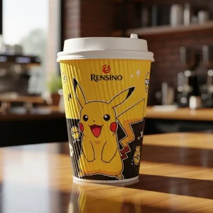 Gobelet en papier jaune avec illustration de Pikachu, adapté pour l'emballage de boissons, impression personnalisée disponible