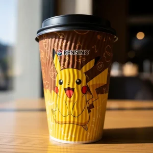 Gobelet en papier jaune avec illustration de Pikachu, adapté pour l'emballage de boissons et de cadeaux, impression personnalisée disponible