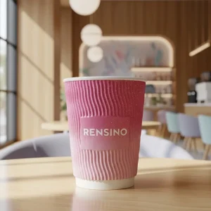 Pink Paper Cup with Rensing Logo, Suitable for Coffee or Beverage, Eco-friendly and Customizable